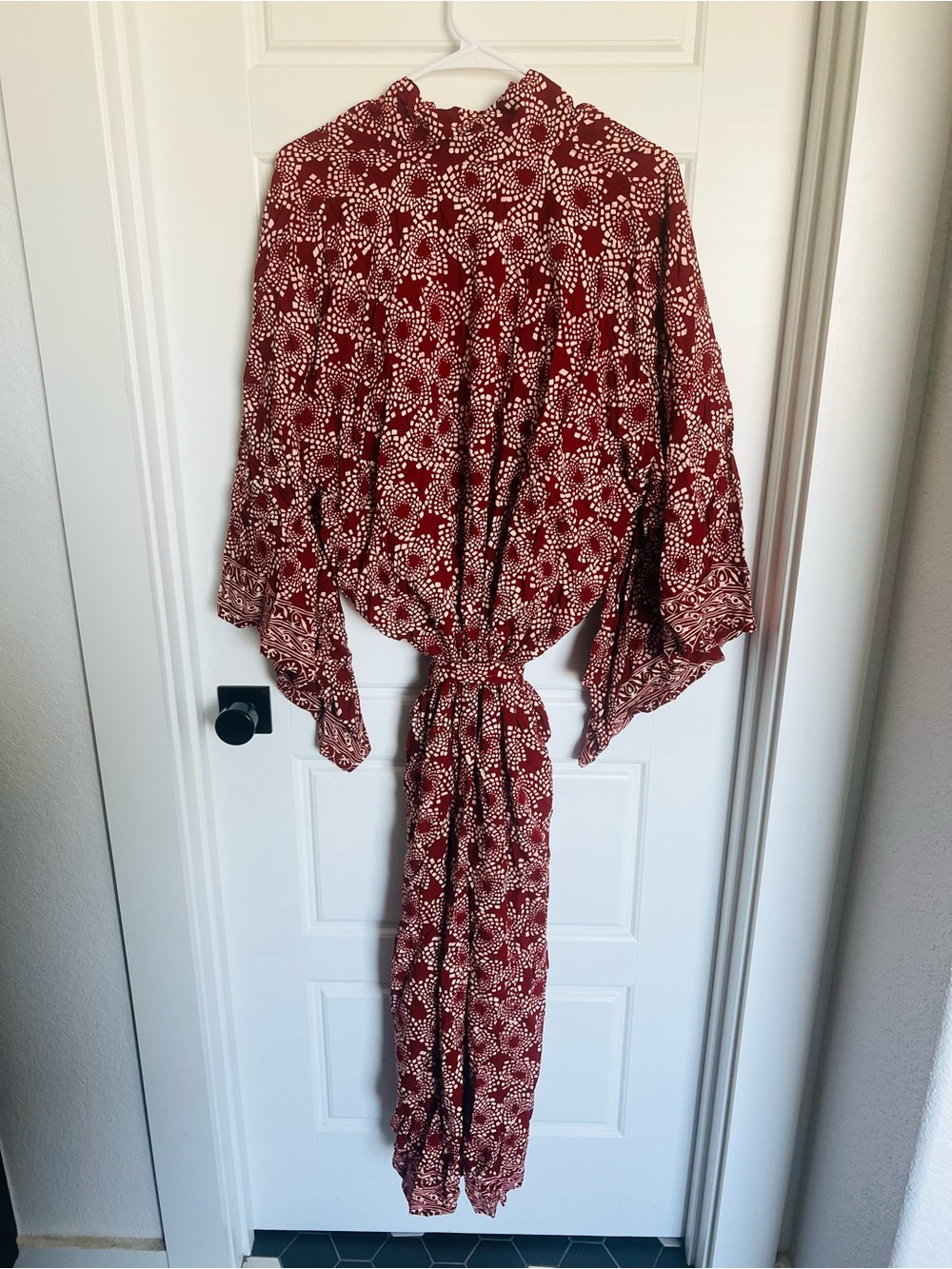 Long Burgundy Floral Wrap Robe with Tie Waist - Picture 7 of 8